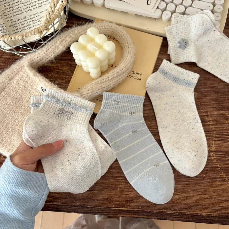WJN High Quality Japanese-style Women's Thin Bows Ankle Cotton Ruffles Knitted Breathable Spring Socks-Daily Casual Comfort Boat