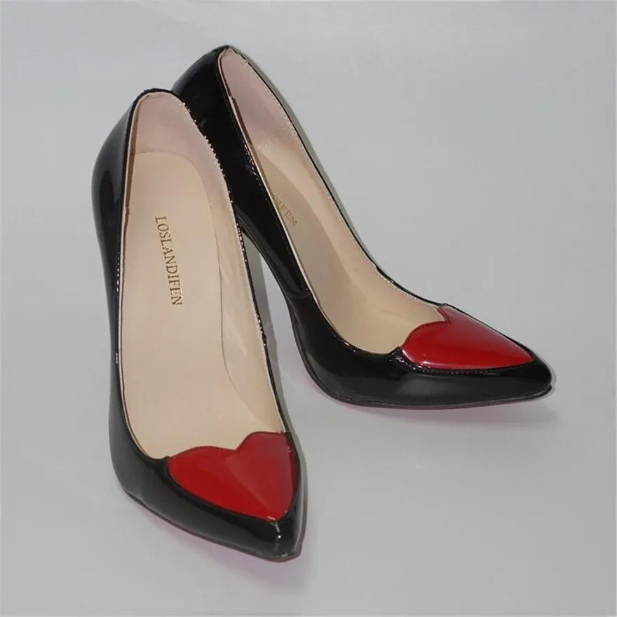 Red Heart-shaped Pointed Toe Women Shoes Black White High Heels Pumps Female Autumn Shallow Patent Leather Party Dress Shoe Sexy