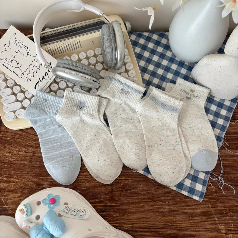WJN High Quality Japanese-style Women's Thin Bows Ankle Cotton Ruffles Knitted Breathable Spring Socks-Daily Casual Comfort Boat