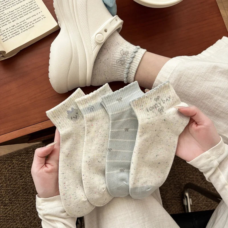 WJN High Quality Japanese-style Women's Thin Bows Ankle Cotton Ruffles Knitted Breathable Spring Socks-Daily Casual Comfort Boat