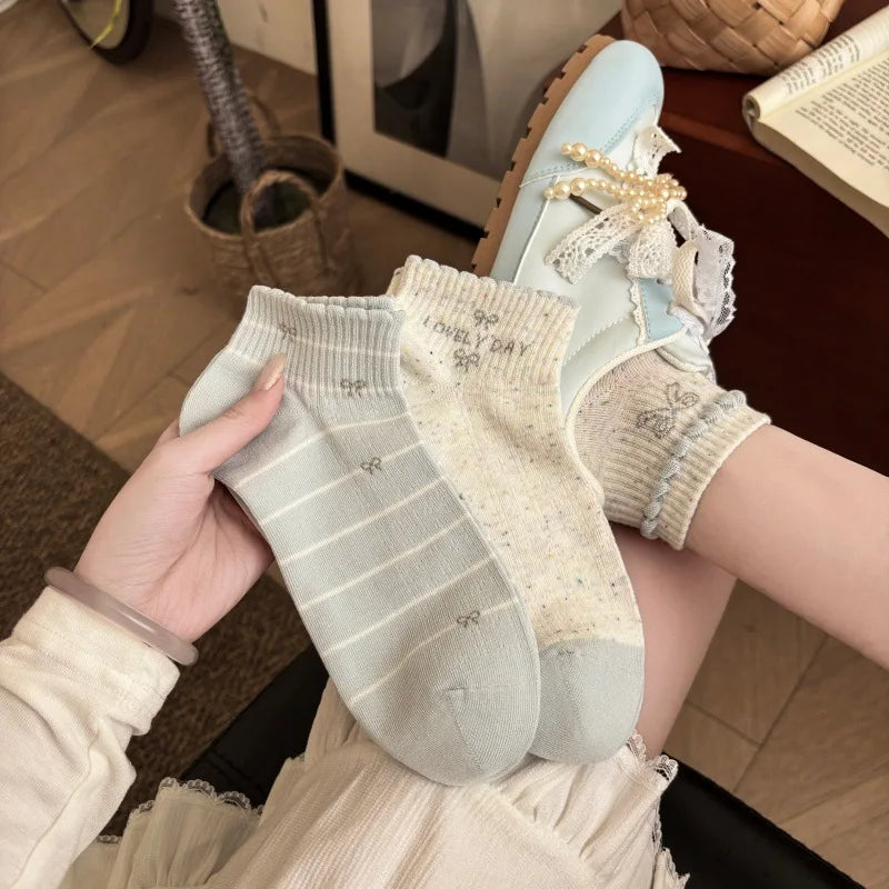 WJN High Quality Japanese-style Women's Thin Bows Ankle Cotton Ruffles Knitted Breathable Spring Socks-Daily Casual Comfort Boat