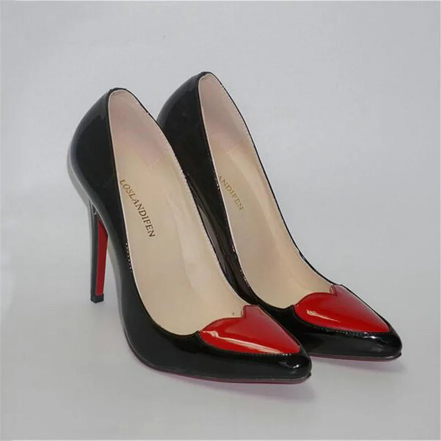 Red Heart-shaped Pointed Toe Women Shoes Black White High Heels Pumps Female Autumn Shallow Patent Leather Party Dress Shoe Sexy