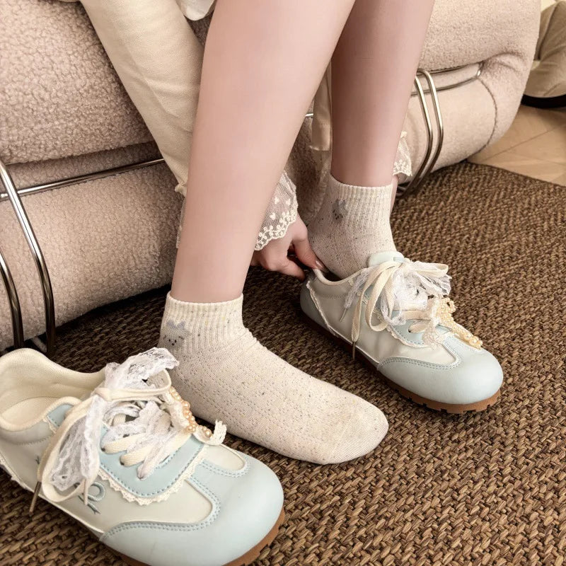 WJN High Quality Japanese-style Women's Thin Bows Ankle Cotton Ruffles Knitted Breathable Spring Socks-Daily Casual Comfort Boat