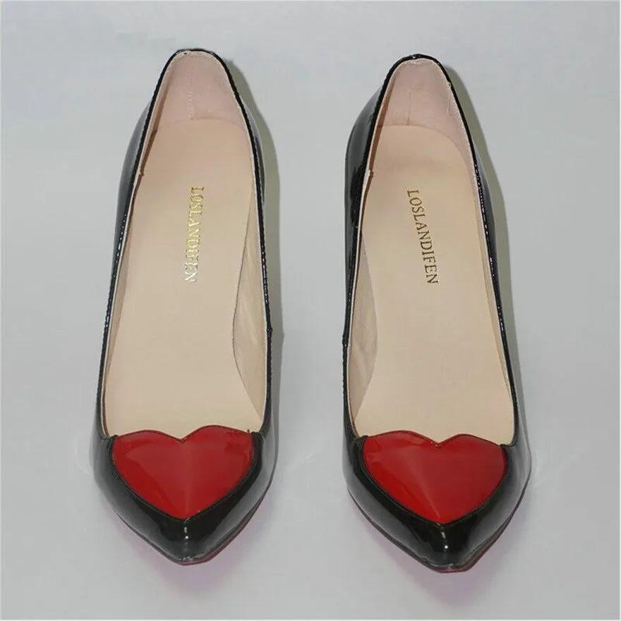 Red Heart-shaped Pointed Toe Women Shoes Black White High Heels Pumps Female Autumn Shallow Patent Leather Party Dress Shoe Sexy
