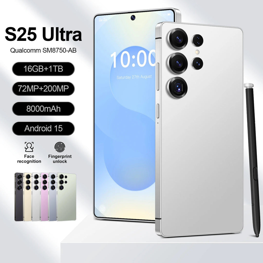 5G Smartphone S25 16GB+1TB 7.3 Inch HD Android14 Face ID Deca Core CPU Unlocked Gaming Cell Phone