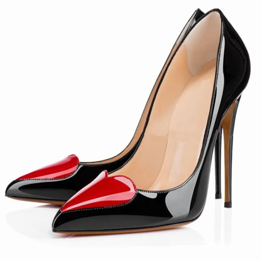 Red Heart-shaped Pointed Toe Women Shoes Black White High Heels Pumps Female Autumn Shallow Patent Leather Party Dress Shoe Sexy