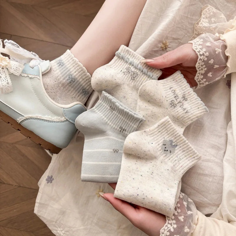 WJN High Quality Japanese-style Women's Thin Bows Ankle Cotton Ruffles Knitted Breathable Spring Socks-Daily Casual Comfort Boat