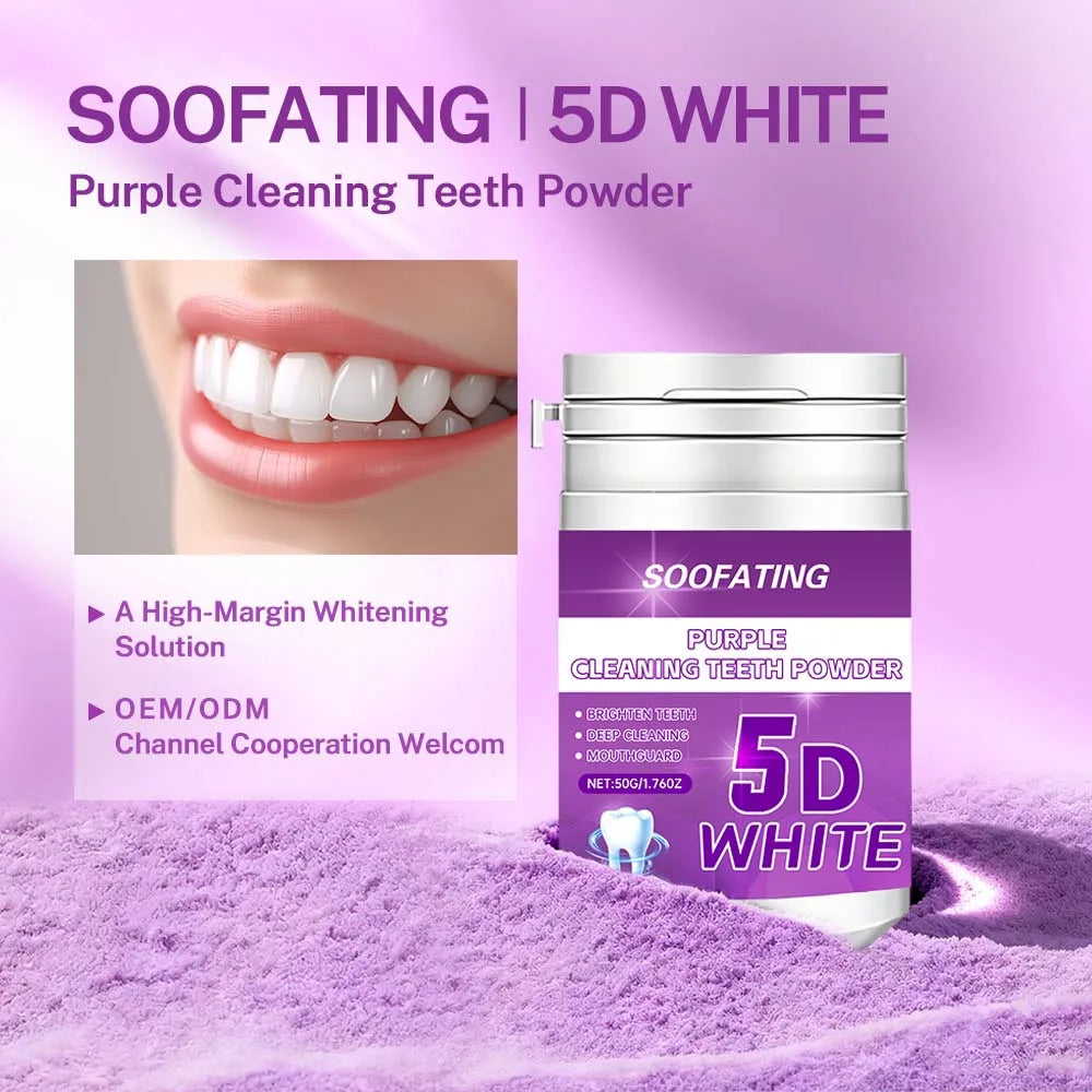 Soofating Factory Direct Stock 5D Whitening Tooth Powder Whitens Teeth Removes Yellowing Purple Travel-Size Deep Cleaning