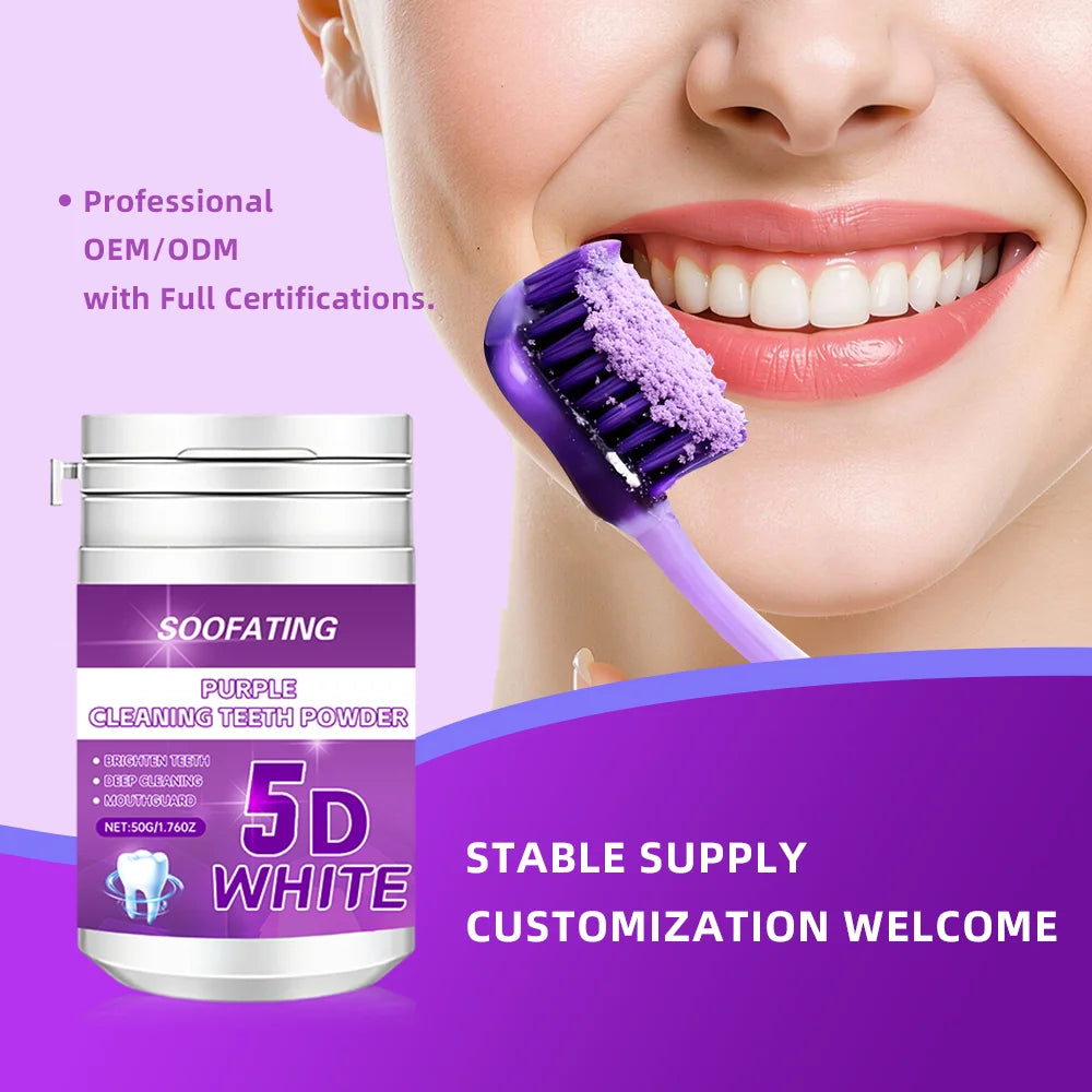 Soofating Factory Direct Stock 5D Whitening Tooth Powder Whitens Teeth Removes Yellowing Purple Travel-Size Deep Cleaning