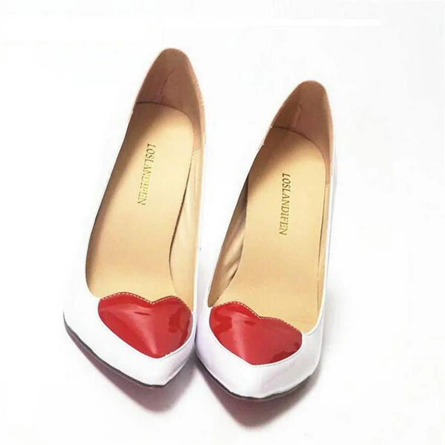 Red Heart-shaped Pointed Toe Women Shoes Black White High Heels Pumps Female Autumn Shallow Patent Leather Party Dress Shoe Sexy