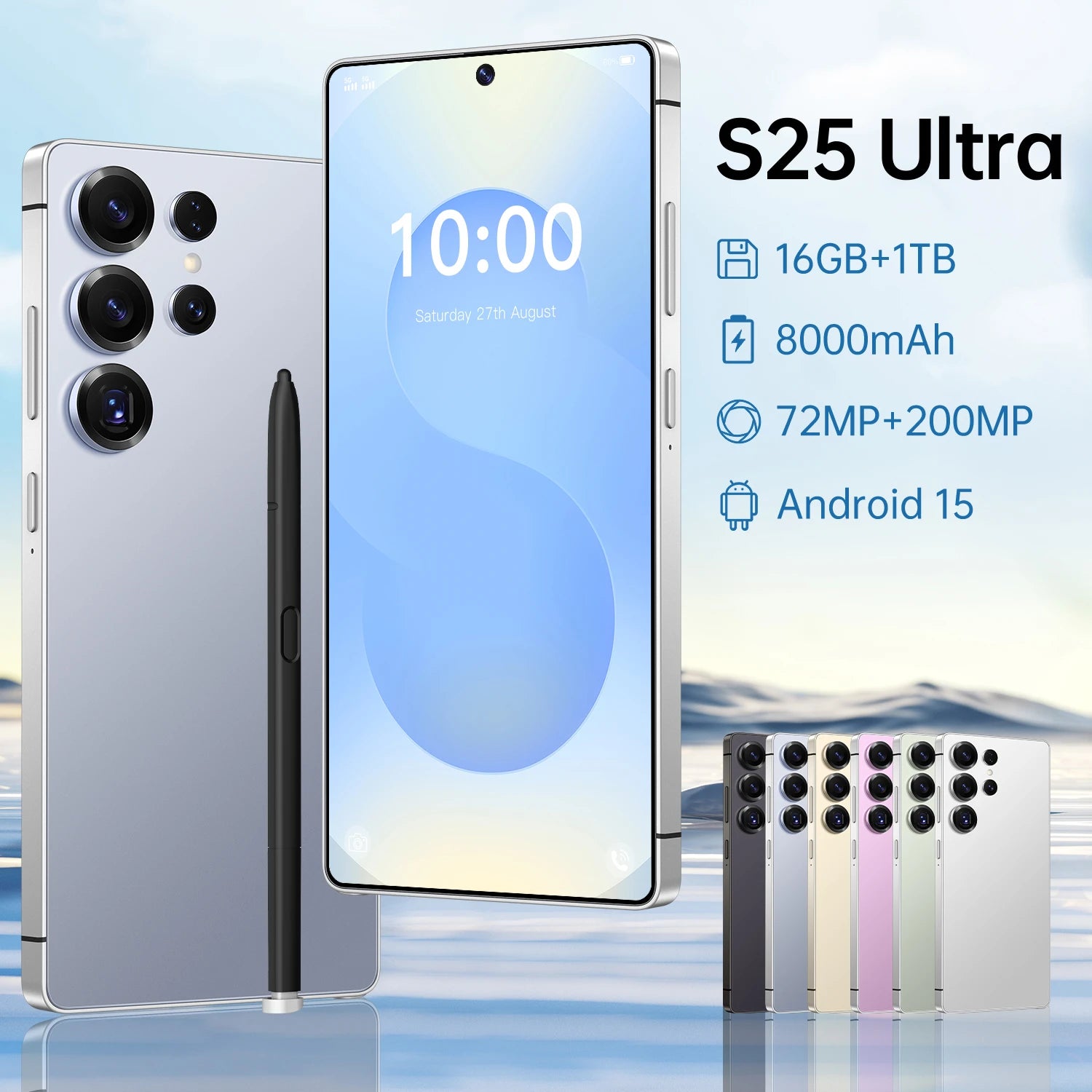 5G Smartphone S25 16GB+1TB 7.3 Inch HD Android14 Face ID Deca Core CPU Unlocked Gaming Cell Phone