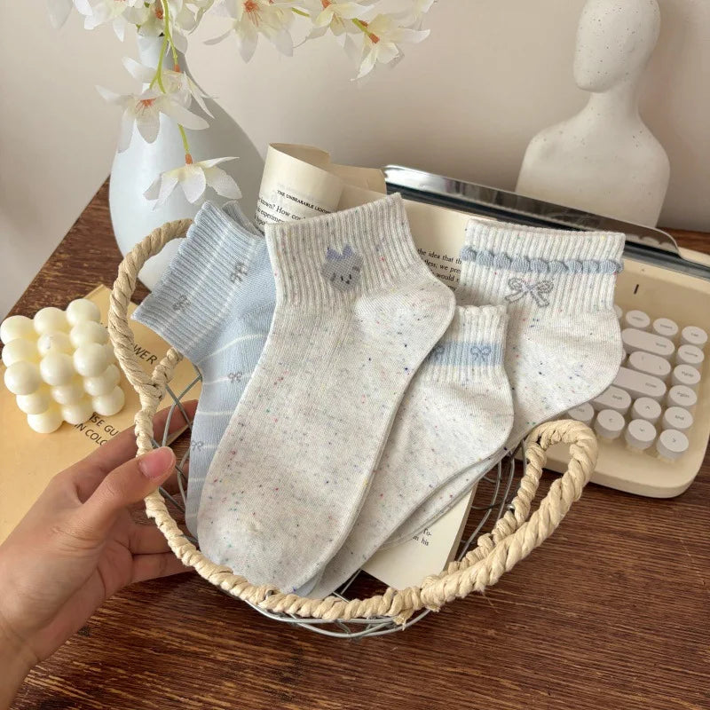 WJN High Quality Japanese-style Women's Thin Bows Ankle Cotton Ruffles Knitted Breathable Spring Socks-Daily Casual Comfort Boat