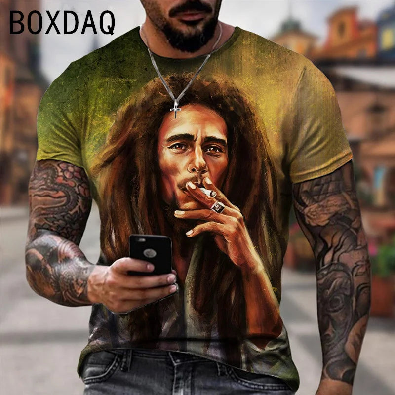 Oversized Men's T-shirt Cool Rock Bob Marley Print Tops Summer O-neck Short Sleeve Street Hip-hop Shirt Personality Men Clothing