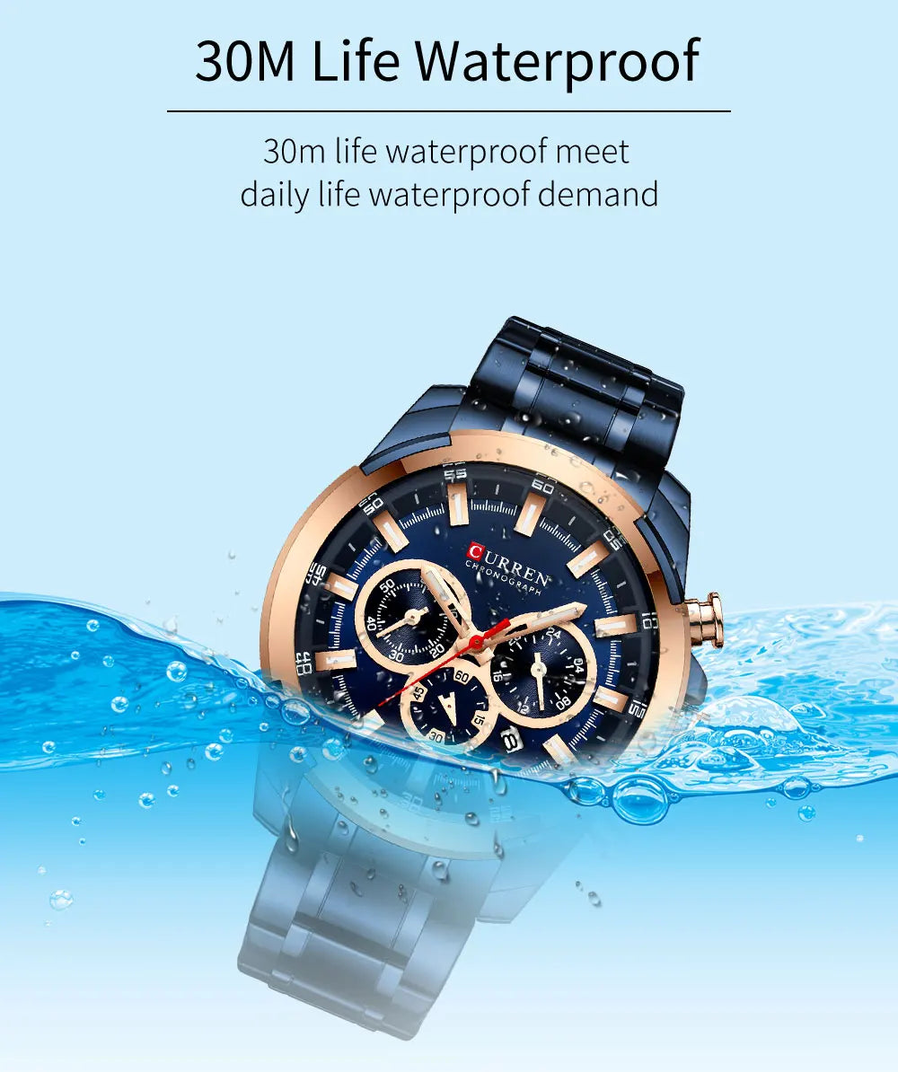 CURREN Men's Chronograph Watch 48mm Big Dial with Stainless Steel Band Triple Sub- Dials Luxury Quartz Sport Wristwatch