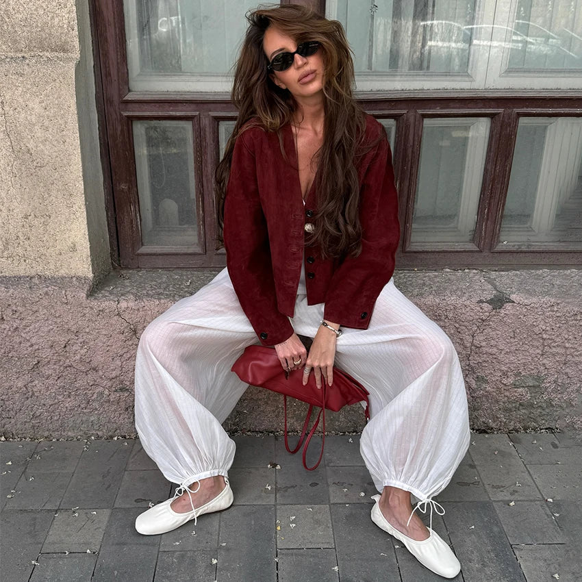Linad Street Loose White Bloomers Pants Women Summer Elastic Waist Trousers Fashion Lace Up See Through Pants Female 2025 Sexy