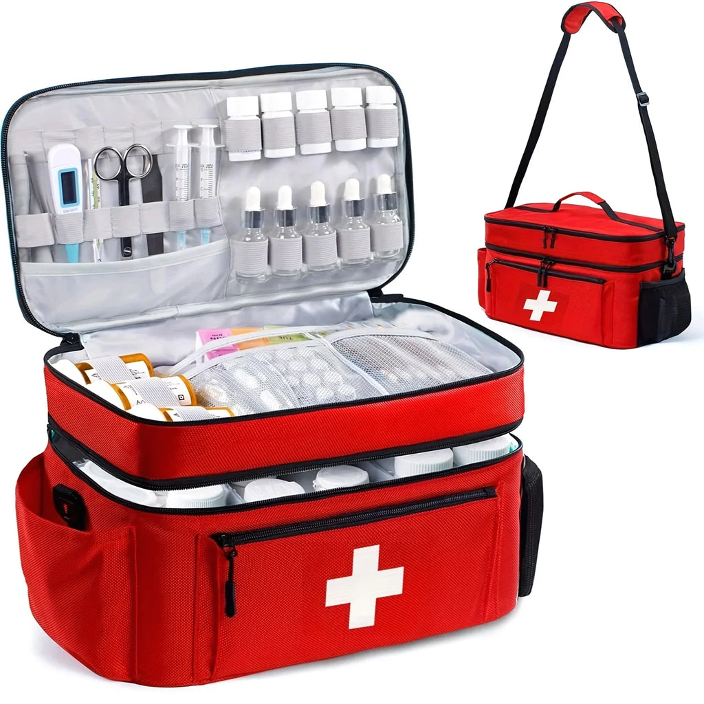 Double-layered Travel Medicine Storage Bag, Portable Emergency First Aid Kit, Large Capacity Front Pouch, Multiple Ways To Carry