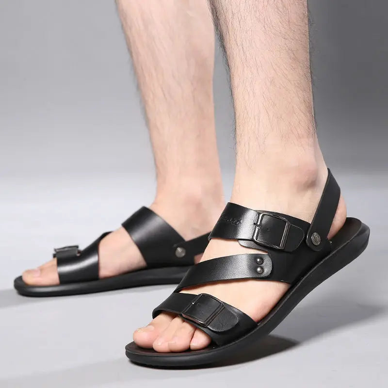 Fashion Sandals Male Solid Color PU Leather Men Shoes Summer Comfortable Open Toe Leather Mens Sandals Beach Leather Footwear