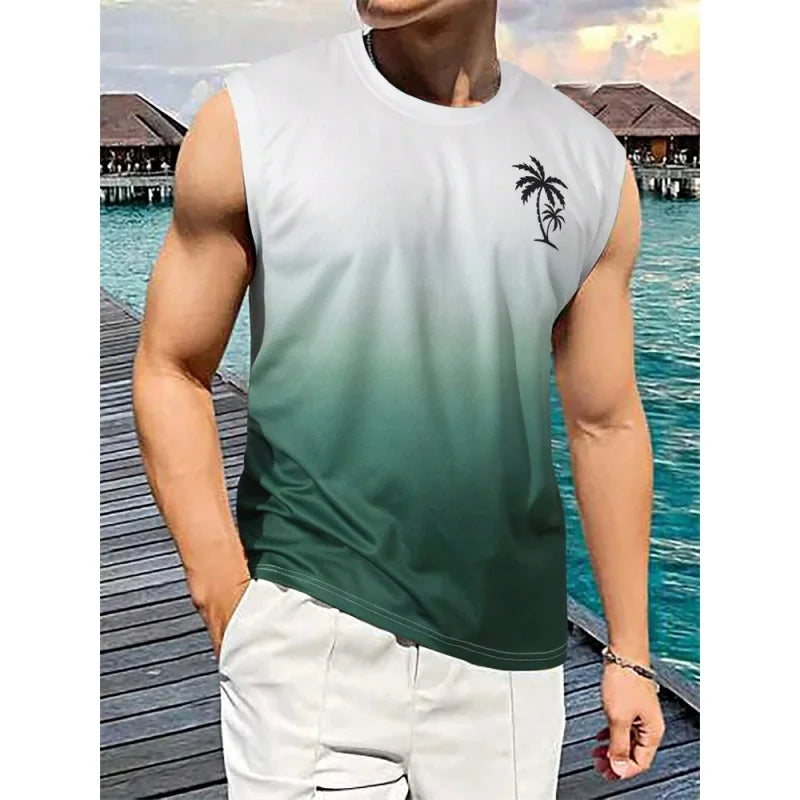 3D Printed Coconut Trees Tank Tops For Man Gradient Sea Fish Pattern Tees Summer Casual Vest Oversized Sports Street Tank Top