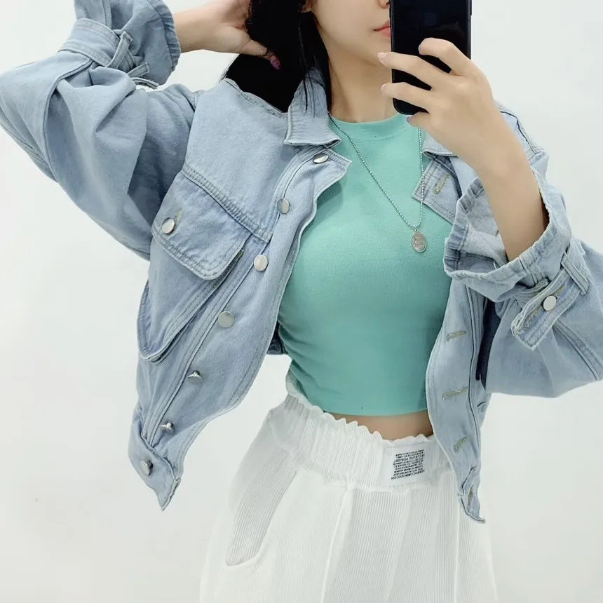 Women Denim Coat Short Jackets Turn Down Collar Full Sleeve Solid Casual Loose Single Breasted Coats Jacket Autumn Winter
