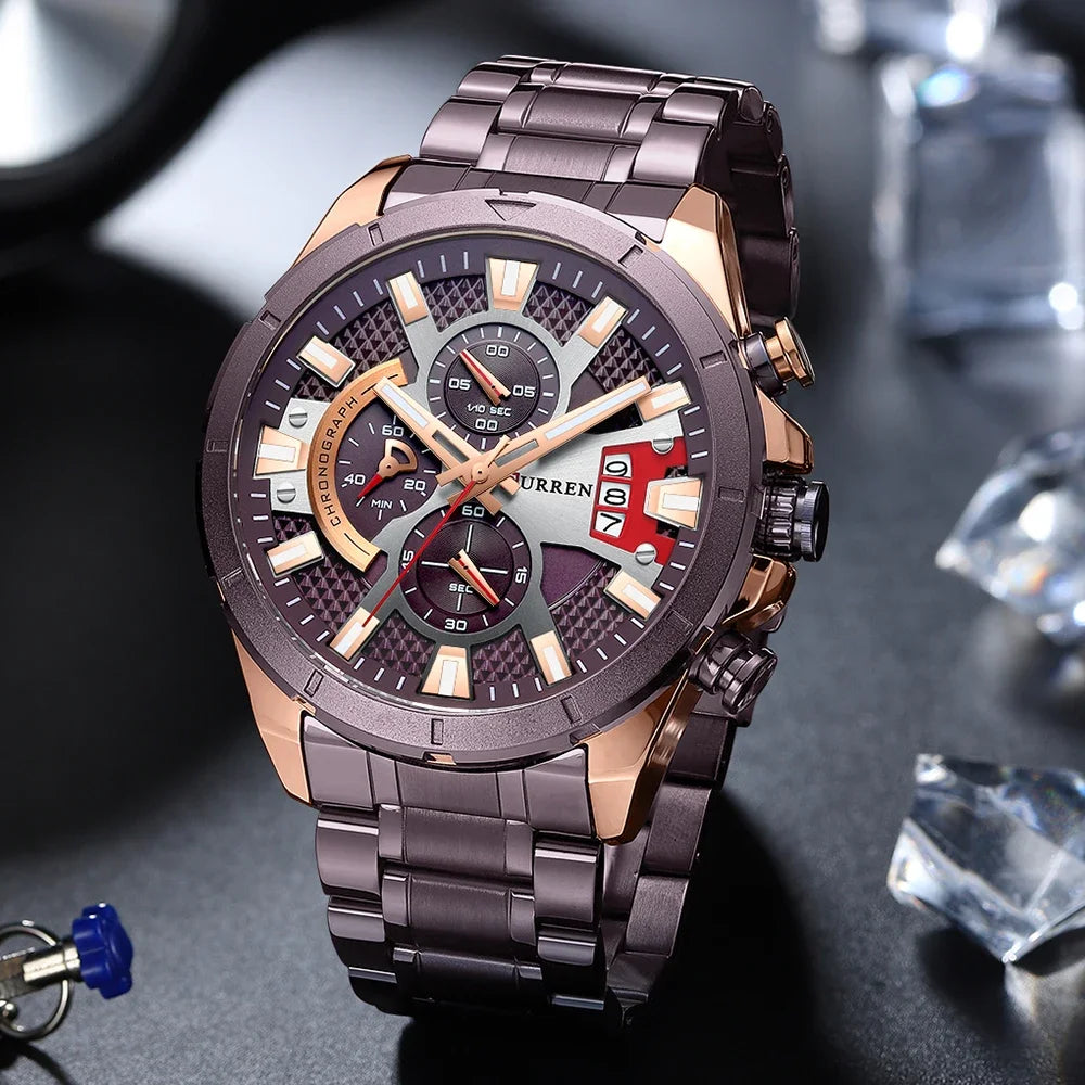 CURREN Sports Big Dial Men's Chronograph Watch with Matte Stainless Steel Band Luminous Hands Casual Quartz Wristwatch 8401