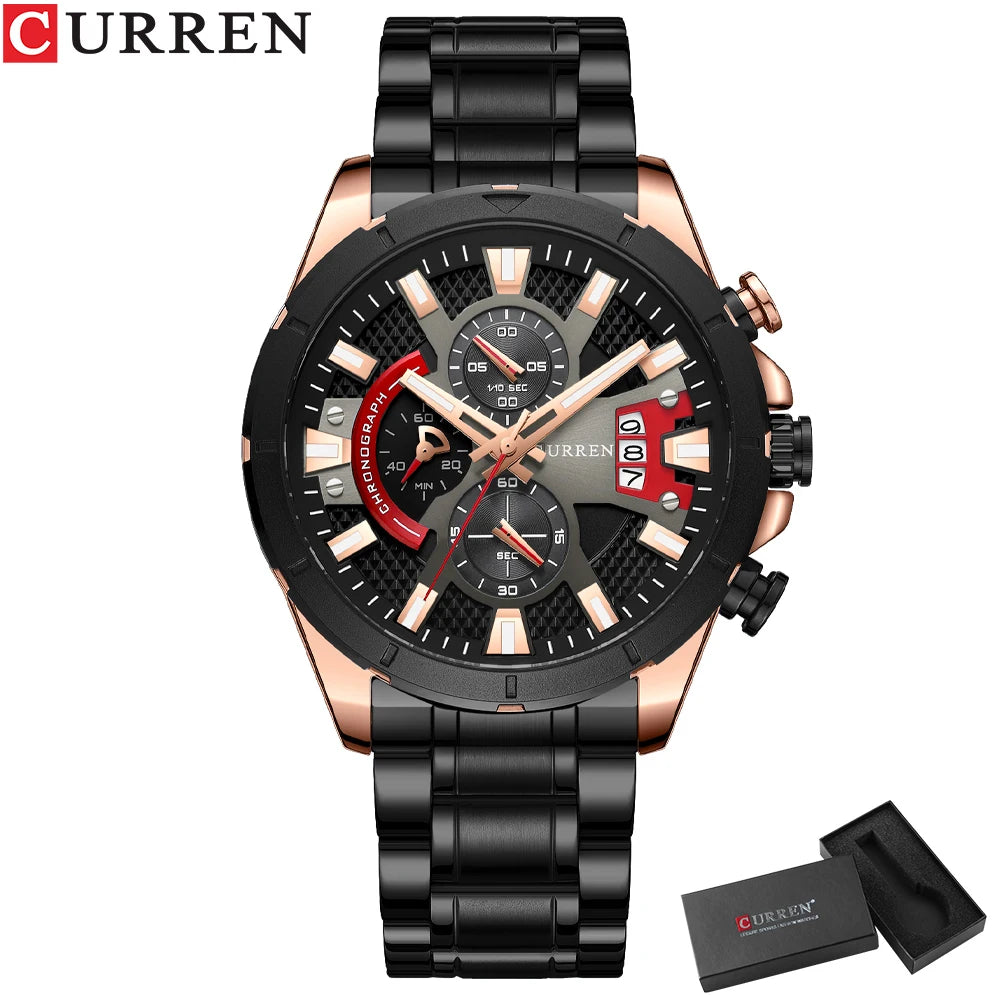 CURREN Sports Big Dial Men's Chronograph Watch with Matte Stainless Steel Band Luminous Hands Casual Quartz Wristwatch 8401