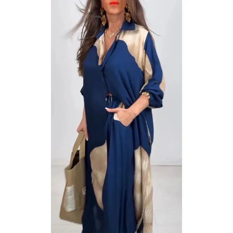 Chic Printed Shirt & Wide Leg Pants Set – Casual Two-Piece Outfit for Wome