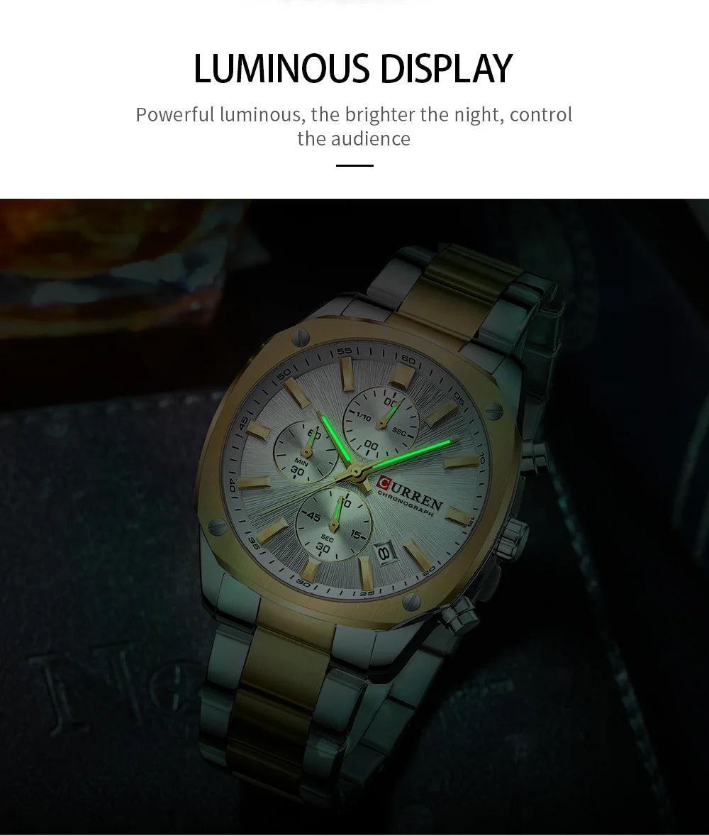 CURREN Modern Men's 42mm Sport Watch - Stainless Steel Band Chronograph & Date,Glow-in-the-Dark Hands, Casual Quartz Wristwatch