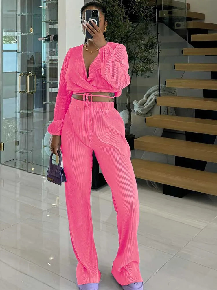 Elegant Draped Lounge Set – 2-Piece V-Neck Top & Elastic Waist Pants Outfit for Women