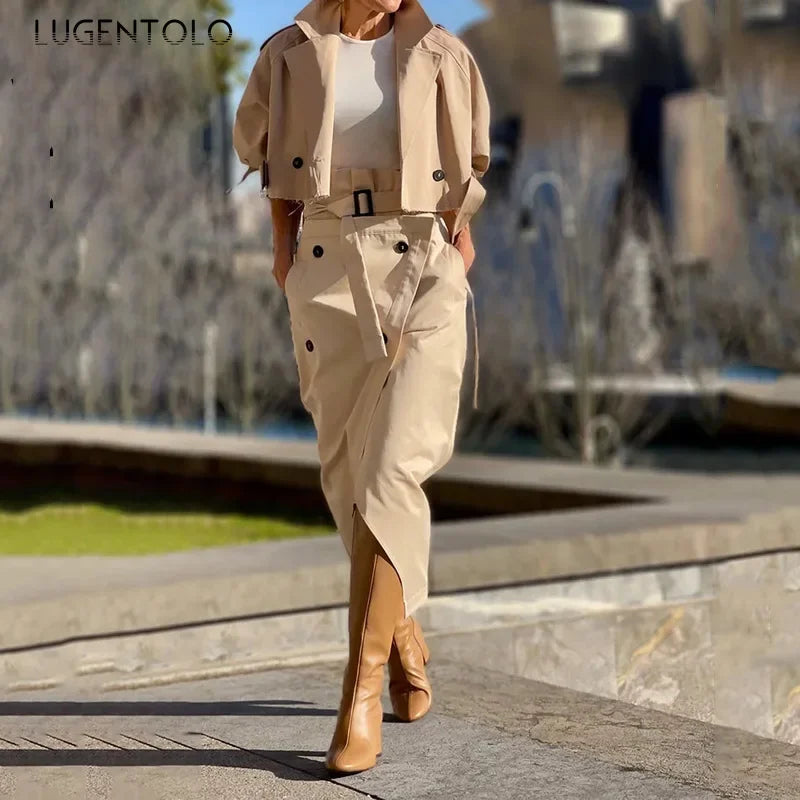 Luxe Urban Cargo Trench & Asymmetrical Skirt Set – Elegant Two-Piece Ensemble