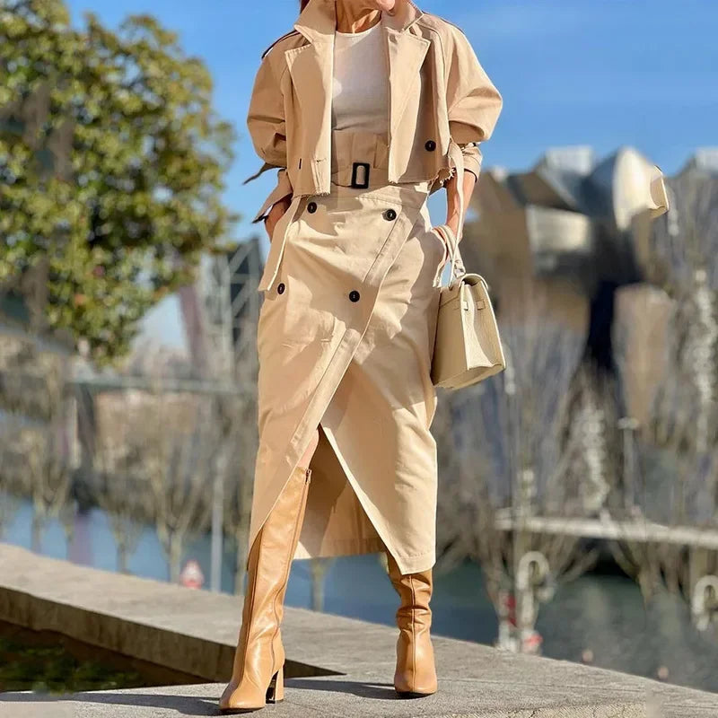 Luxe Urban Cargo Trench & Asymmetrical Skirt Set – Elegant Two-Piece Ensemble