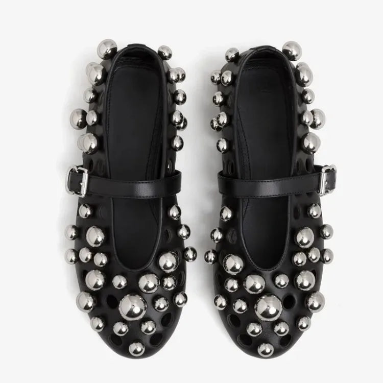 Luxury Black Pearl Round Head Buckle Ballet Sandals Summer Autumn Metal Hollow Commuting Casual Mary Jane Single Shoe Size 45