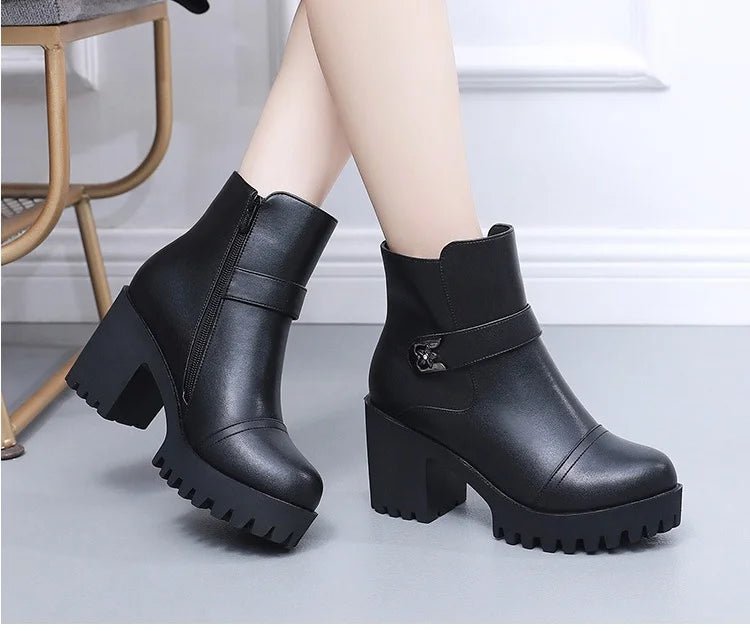 8cm Small Size 32-43 Thick Bottom Motorcycle Boots Women Shoes Winter 2026 Block High Heels Soft Leather Ankle Boots Office Mom