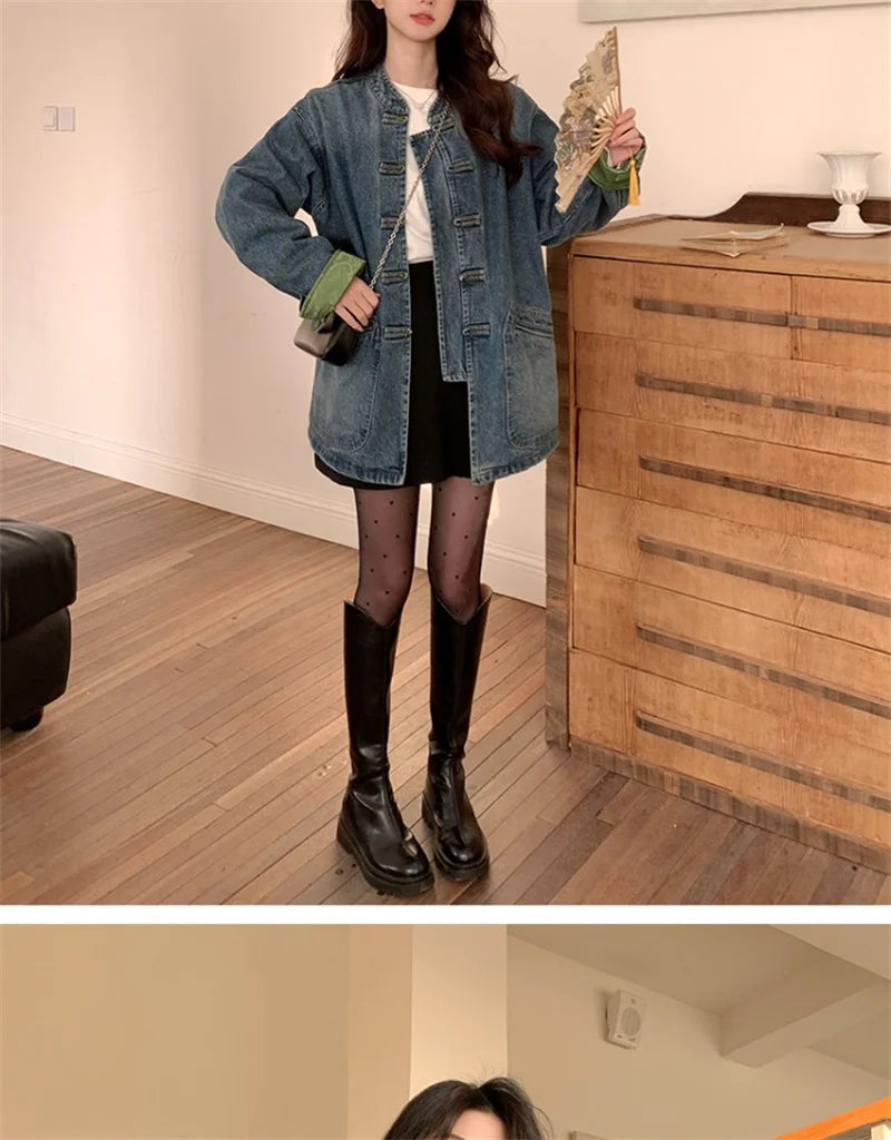 New Chinese Retro Casual Denim Jacket for Women in Spring 2024 Unique Chic Hong Kong Style fat and Slim Cardigan top for Women