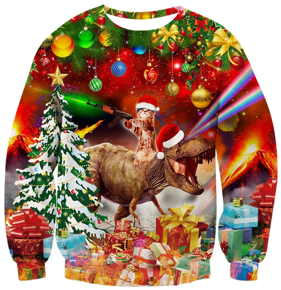 Men's Christmas Sweatshirt Festive Abstract Kitten Print Merry Christmas Crew Neck Pullover Party Casual Christmas Sweatshirt
