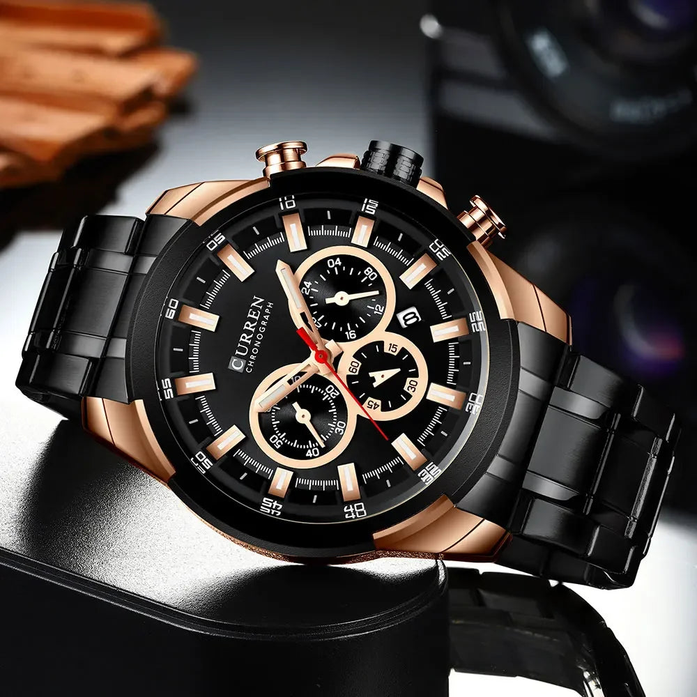 CURREN Men's Chronograph Watch 48mm Big Dial with Stainless Steel Band Triple Sub- Dials Luxury Quartz Sport Wristwatch
