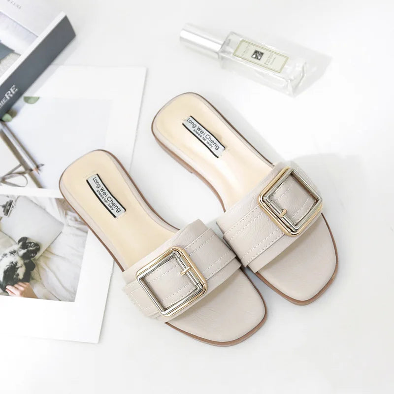 Women's Flat Slippers Summer Leather Square Toe Women Flats Flip Flops Designer Ladies Slides Sandals Women Shoes Luxury Sandals