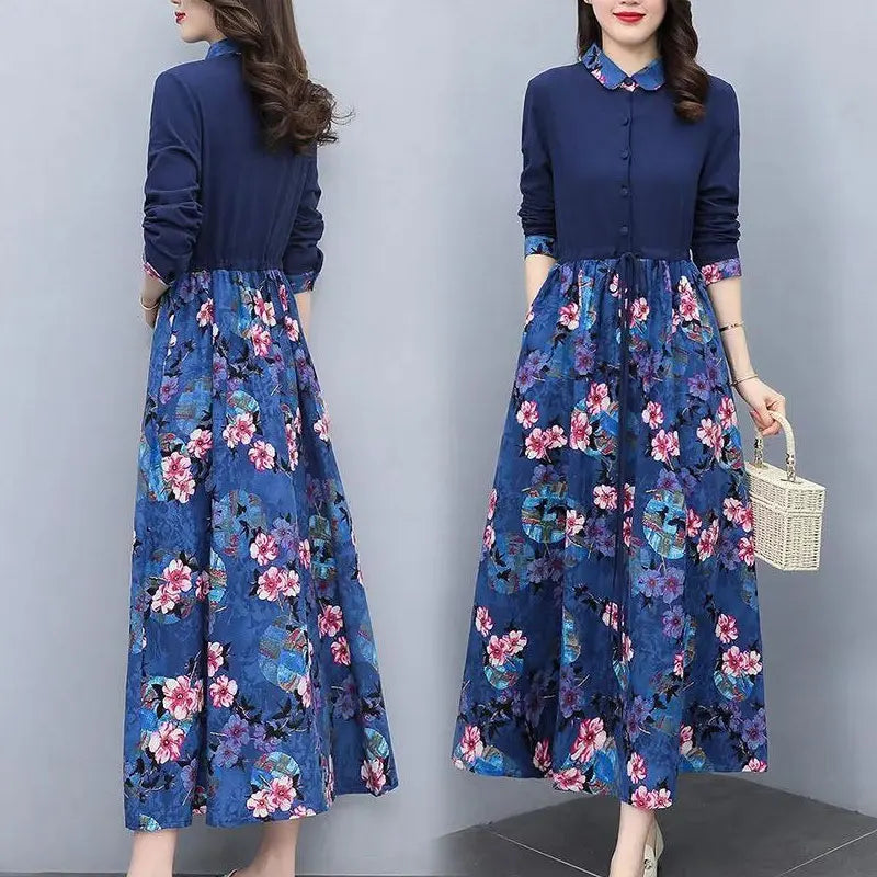 Elegant Printed Shirt Dress – Drawstring Waist Ankle-Length Dress for Women