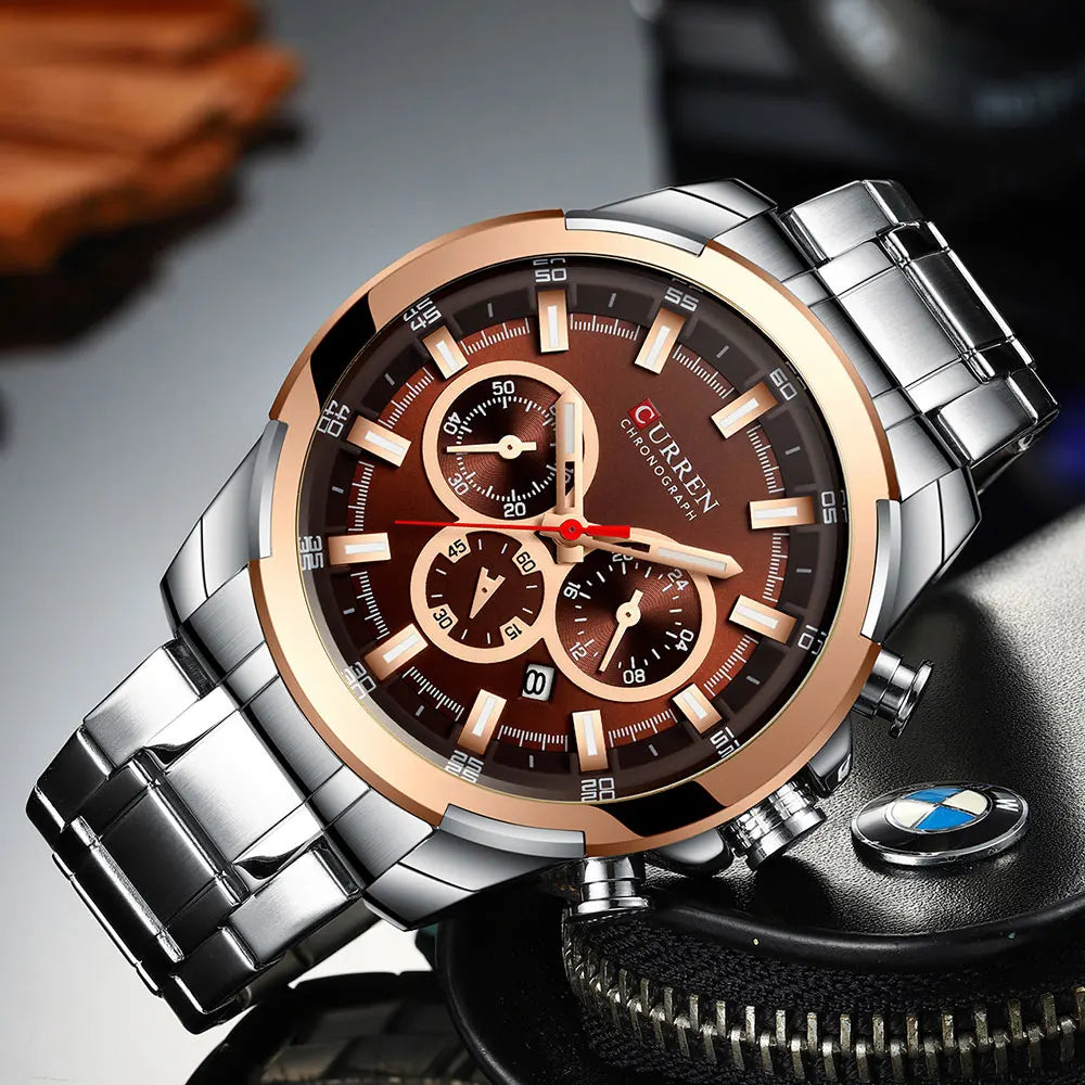 CURREN Men's Chronograph Watch 48mm Big Dial with Stainless Steel Band Triple Sub- Dials Luxury Quartz Sport Wristwatch