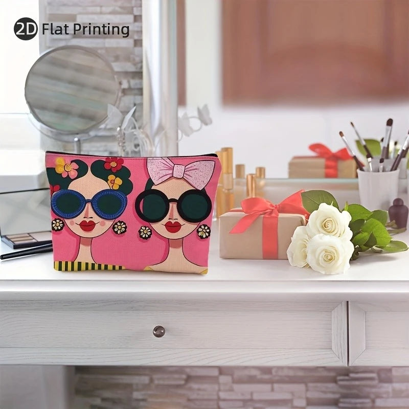 Women's Cosmetic Bag - Zippered Makeup Organizer with Pink Floral Girls Design, Durable Polyester Makeup Pouch for Travel