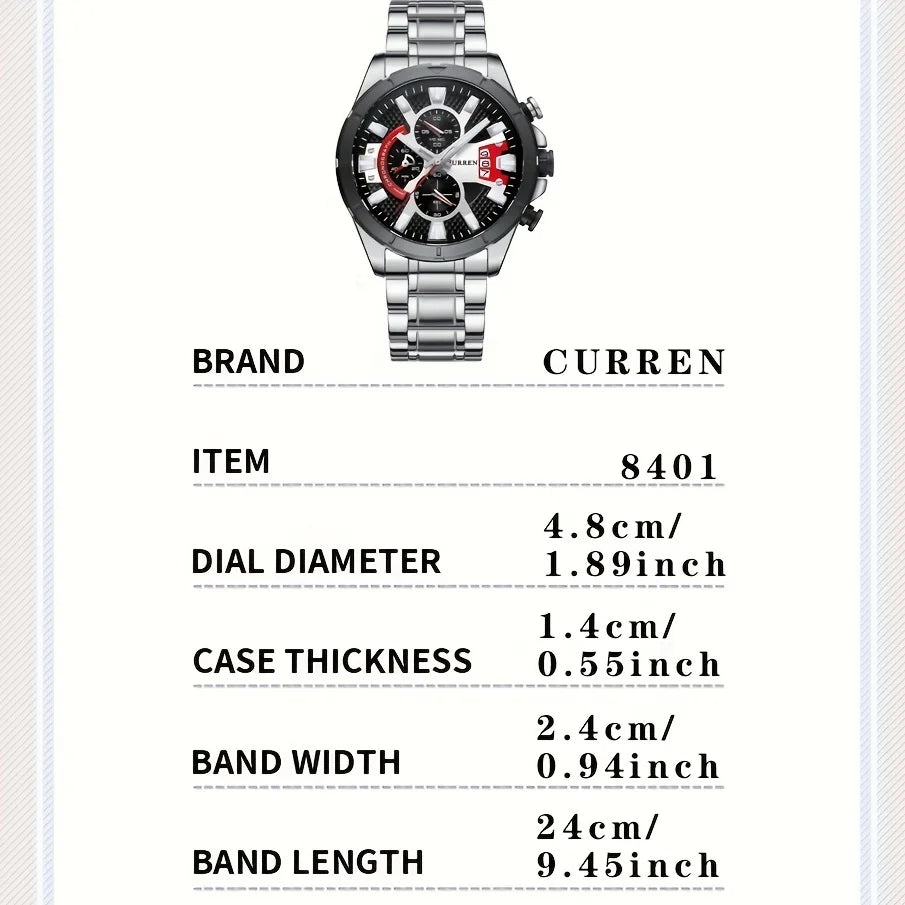 CURREN Sports Big Dial Men's Chronograph Watch with Matte Stainless Steel Band Luminous Hands Casual Quartz Wristwatch 8401