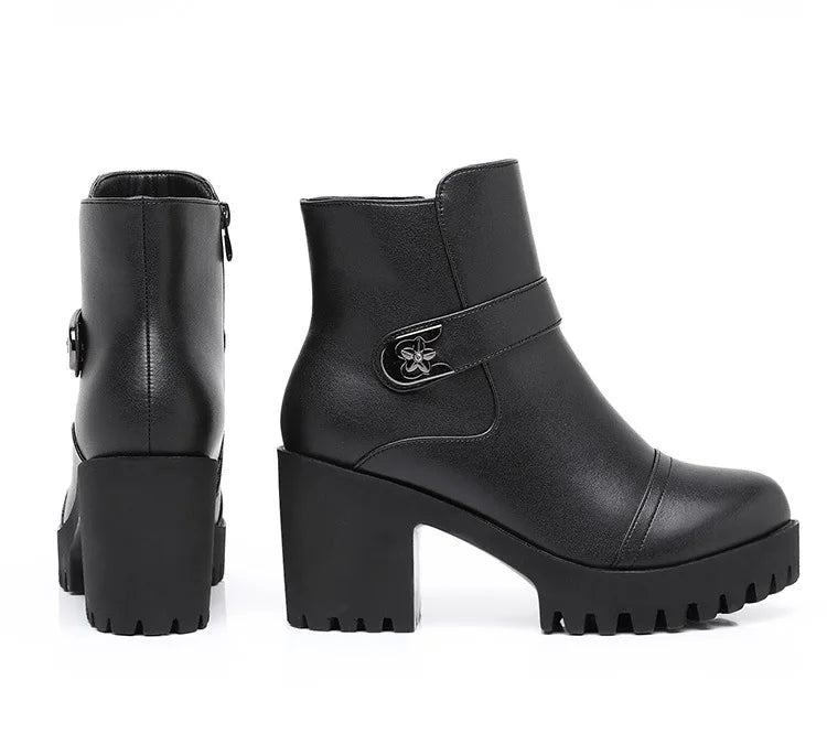 8cm Small Size 32-43 Thick Bottom Motorcycle Boots Women Shoes Winter 2026 Block High Heels Soft Leather Ankle Boots Office Mom