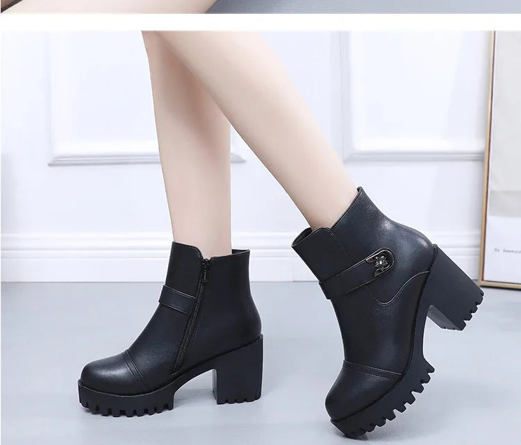 8cm Small Size 32-43 Thick Bottom Motorcycle Boots Women Shoes Winter 2026 Block High Heels Soft Leather Ankle Boots Office Mom