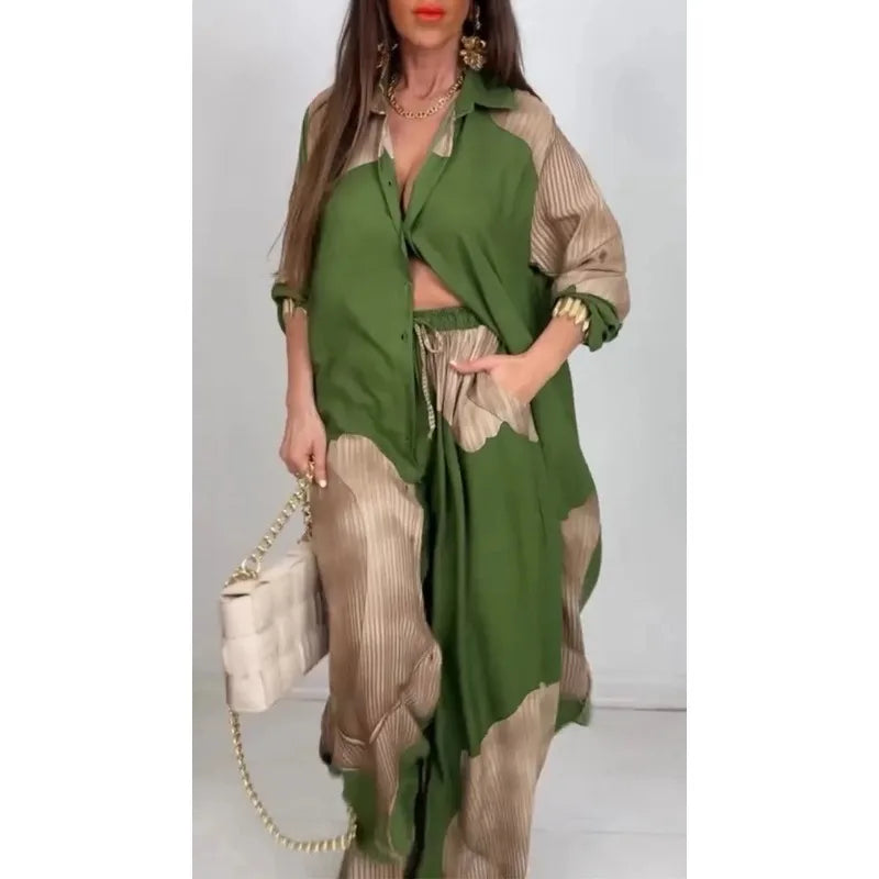 Chic Printed Shirt & Wide Leg Pants Set – Casual Two-Piece Outfit for Wome
