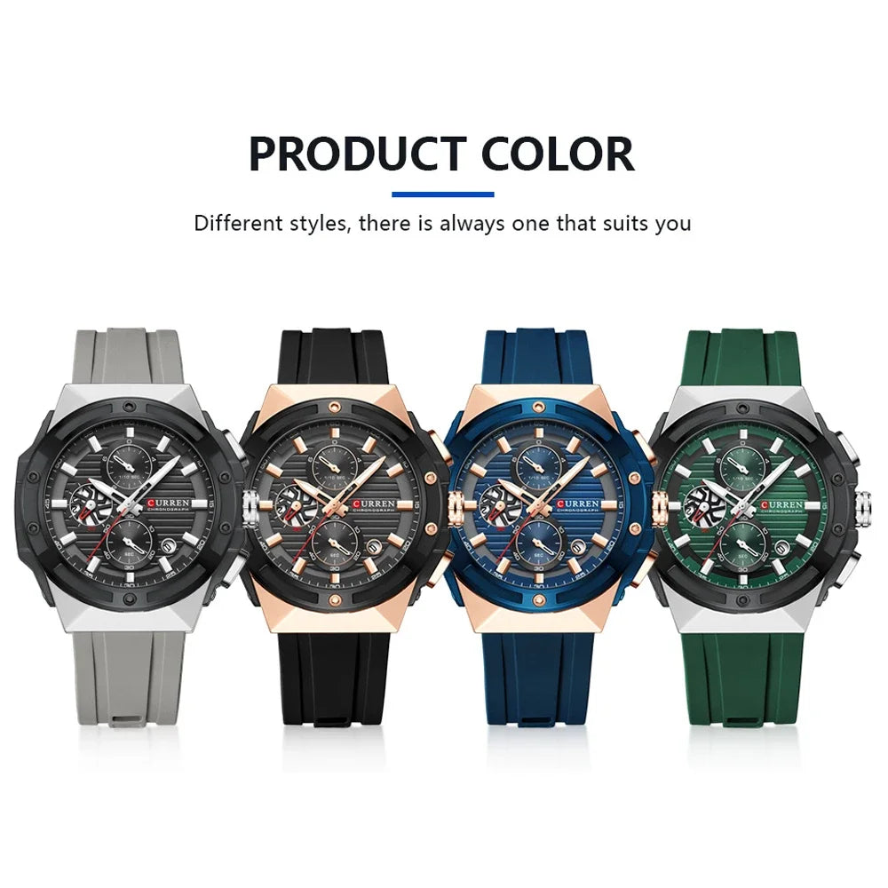 CURREN Sporty Men's Watch with Chronograph & Luminous Hands - Silicone Strap Quartz Wristwatch for Man Auto Date Business Casual