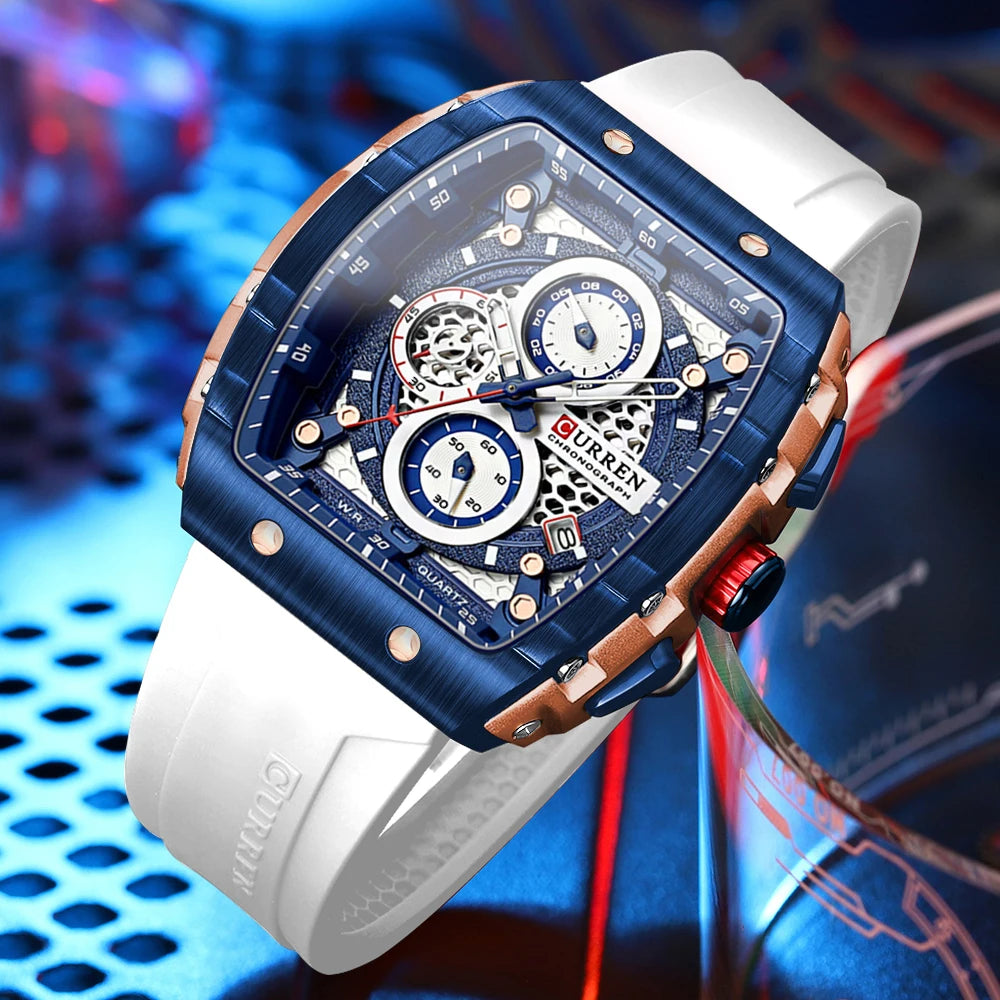 CURREN Fashion Sports Watches with Large Dial Unique RectangularHollow Design Quartz Wristwatches with Chrongraph Auto Date 8442