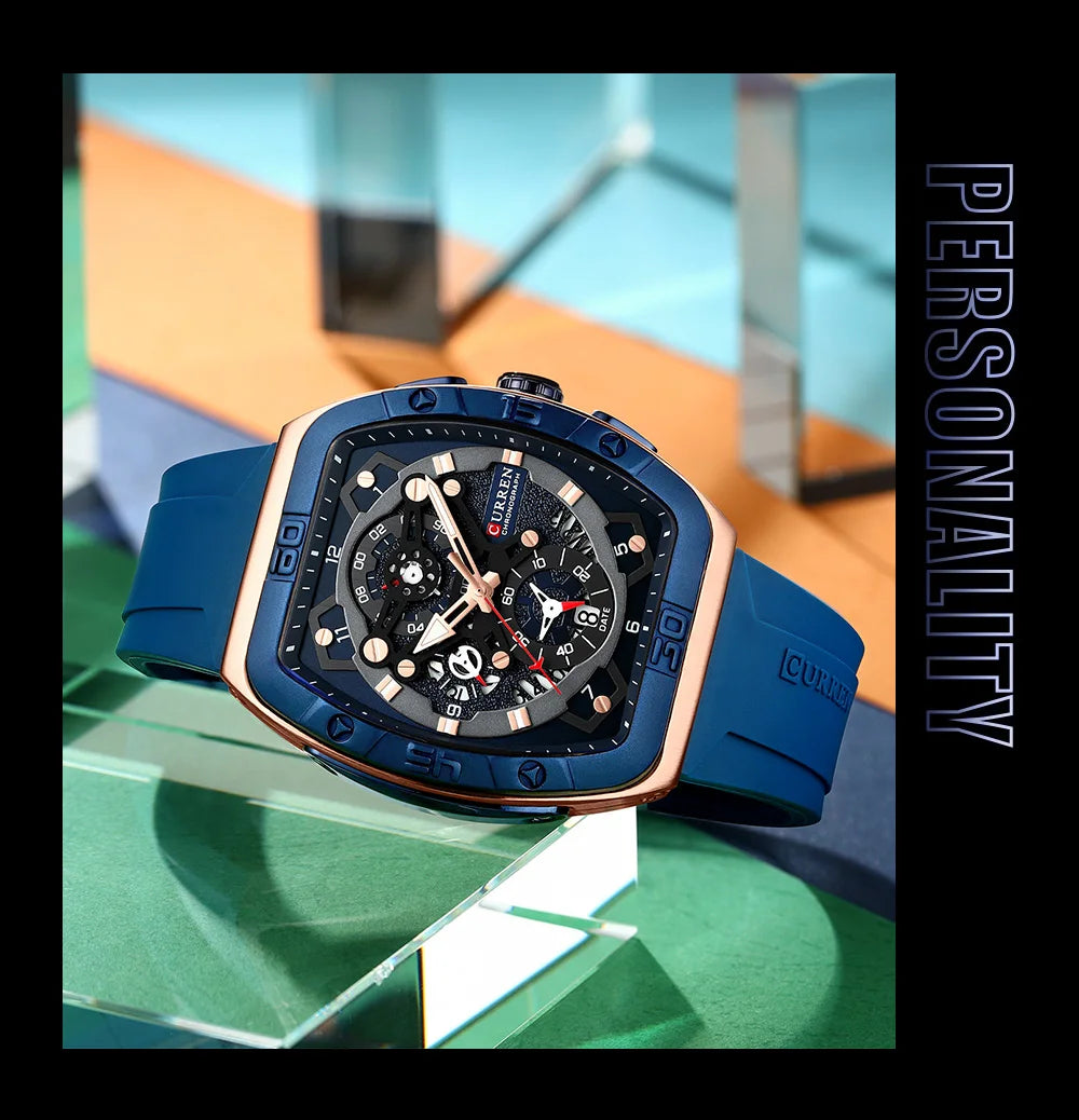 CURREN Men's Chronograph Watch Tonneau Case Design with Sport Silicone Strap Red and Black Quartz Wristwatches for Men