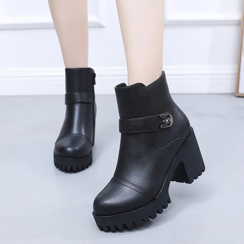 8cm Small Size 32-43 Thick Bottom Motorcycle Boots Women Shoes Winter 2026 Block High Heels Soft Leather Ankle Boots Office Mom