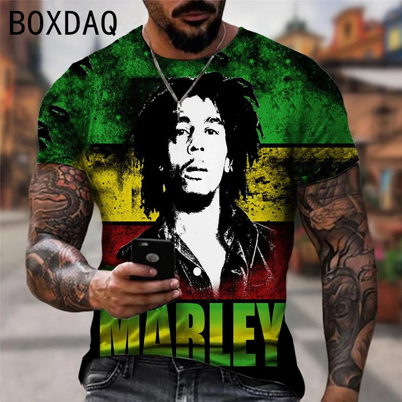 Oversized Men's T-shirt Cool Rock Bob Marley Print Tops Summer O-neck Short Sleeve Street Hip-hop Shirt Personality Men Clothing