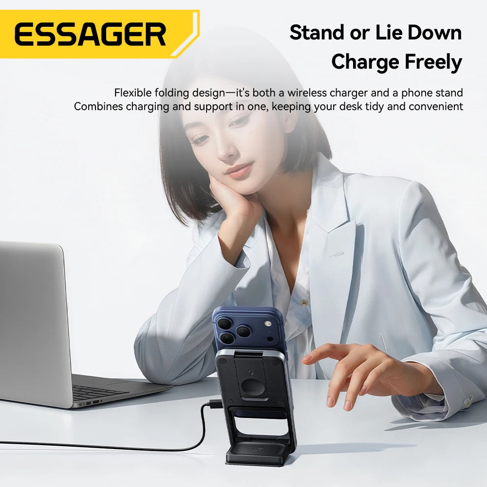 ESSAGER 15W 3-in-1 Magnetic Wireless Charging Station Foldable Charger Stand for iPhone AirPods Watch Phone Holder Fast Charger