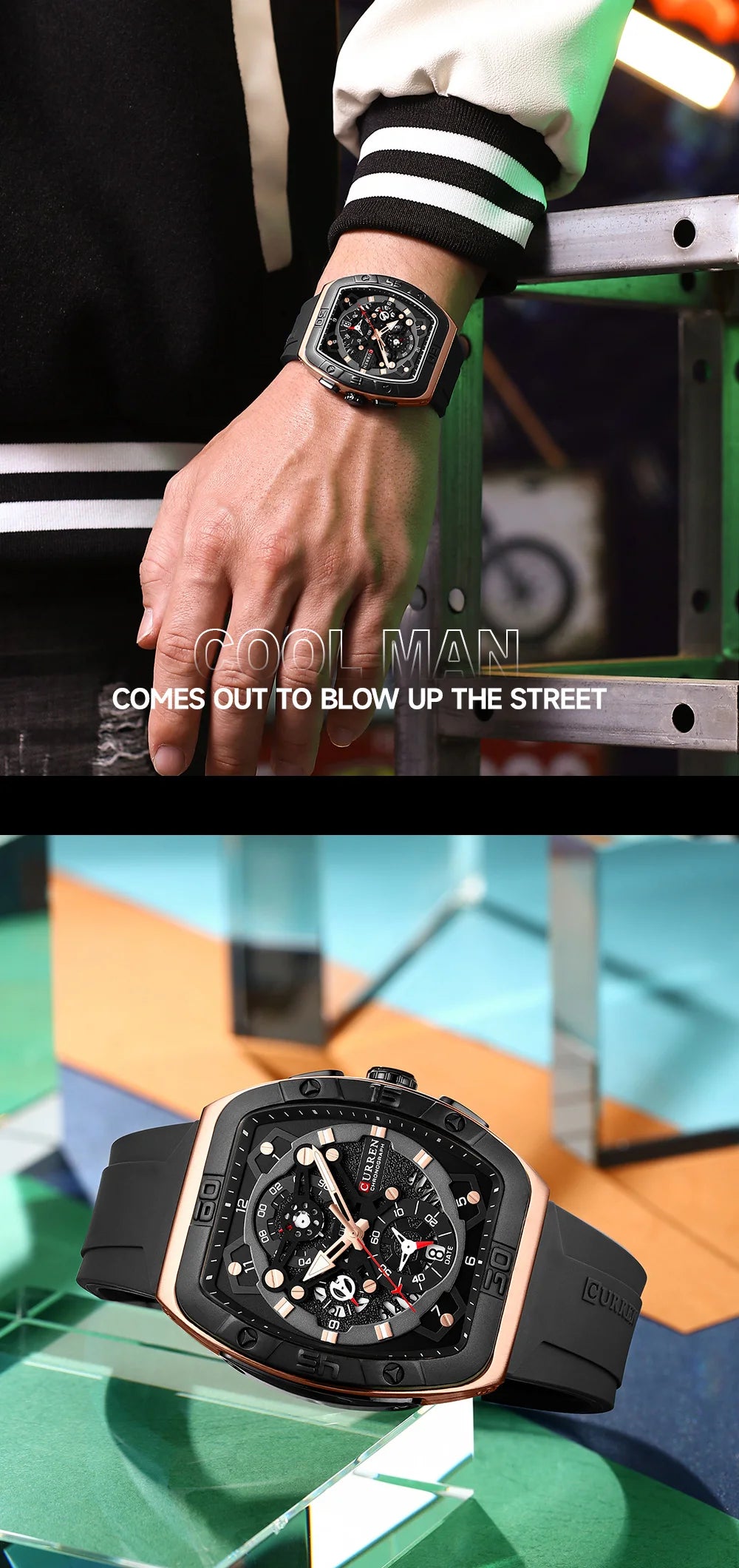 CURREN Men's Chronograph Watch Tonneau Case Design with Sport Silicone Strap Red and Black Quartz Wristwatches for Men